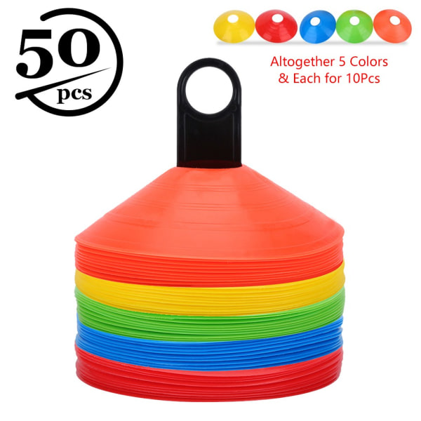 50 stk fodboldkegler 7,5 tommer diameter 2 tommer høj fleksibel PE forskellige farver rund base diskkegler