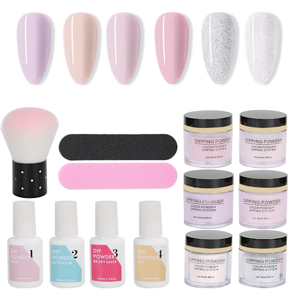 Nagelkonst Dip Powder Set med Topp- och Baslack, Gel Dammborste, Manikyrverktygssats