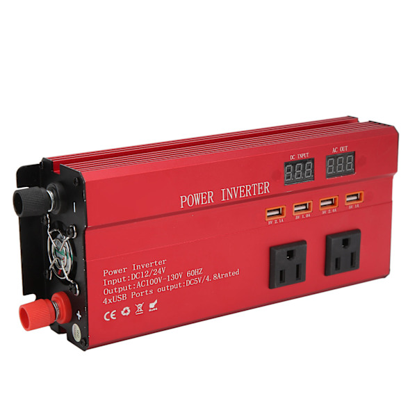 Bilstrømvekselretter 700W, DC 12V/24V til AC 110V-omformer, Modifisert sinusbølge, Dobbel LED-skjerm, 3 US-uttak, 4 USB-porter