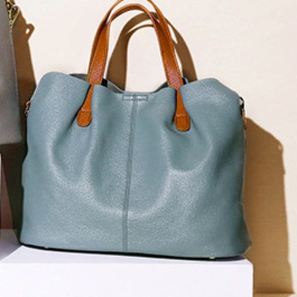 Rummelig Blå Læder Tote Taske Ægte Kødkvægslæder Kvinders Crossbody Taske Flax blue About 33*15*25cm
