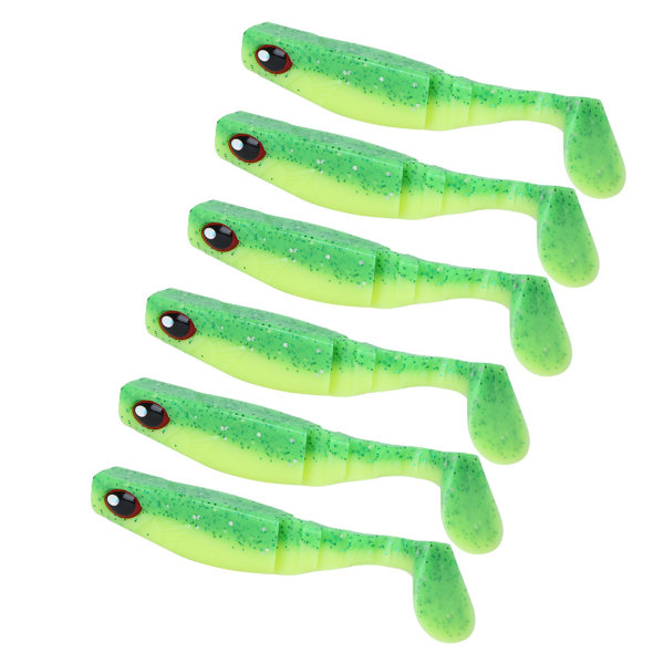 6st PVC mjukbete konstgjorda beten 4in 0.2oz Jigging Tail Wobblers Fisketillbehör Grön rygg Gul mage