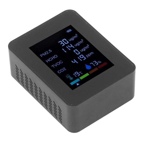 Multifunksjonell 6 i 1 CO2-måler Luftkvalitetsmonitor Temperatur PM2.5 TVOC HCHO-detektor USB-lading Svart