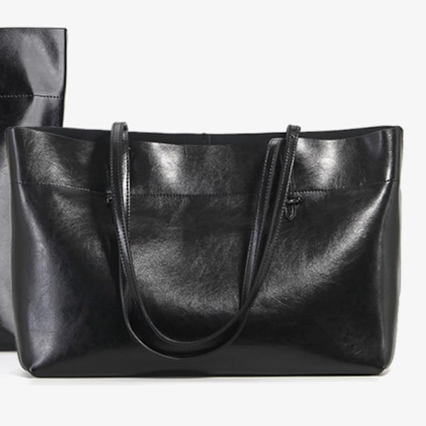 Stilful Sort Vokset Læder Tote Bag 38x28x13cm Perfekt til Daglig Brug black About 38*28*13cm