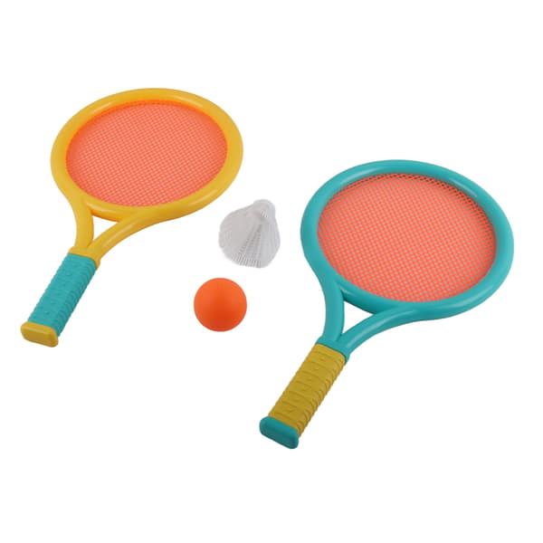 Børne badmintonketsjer, skridsikker, holdbar, elastisk, bærbar tennisketsjer sæt til børn, 2 ketsjere, 2 bolde, blå, gul