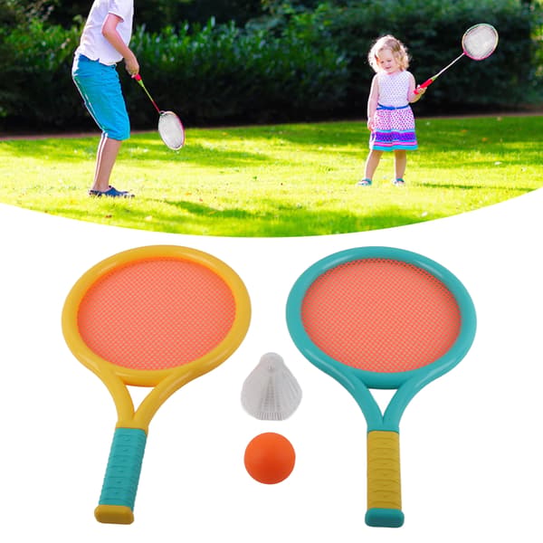 Børne badmintonketsjer, skridsikker, holdbar, elastisk, bærbar tennisketsjer sæt til børn, 2 ketsjere, 2 bolde, blå, gul