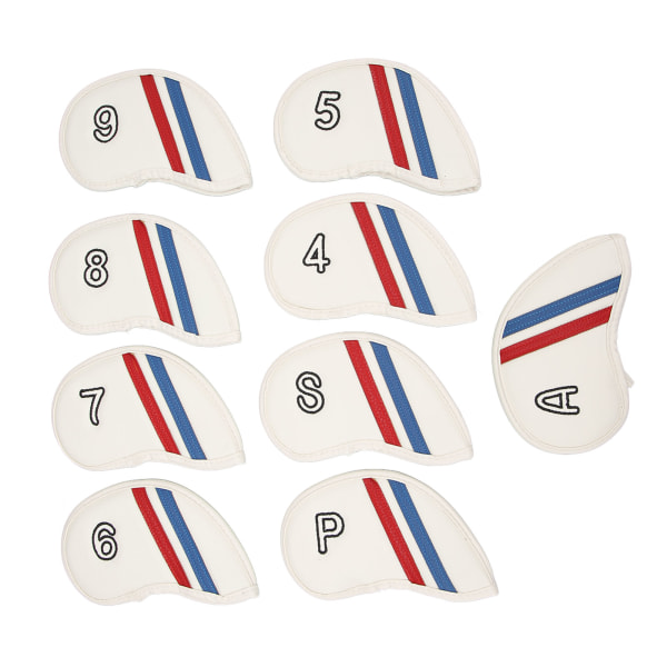 Golfkøllehovedbetræk sæt - 9 stk PU Lichee mønster dobbelt skrå broderi, krog og løkke lukning, hvid
