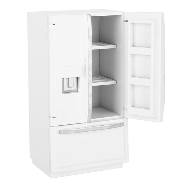 1:12 Mini Björk Trä Dubbeldörr Dubbeldäck Simuleringskylskåp Modell för Dockhus Vit med Silverdetaljer