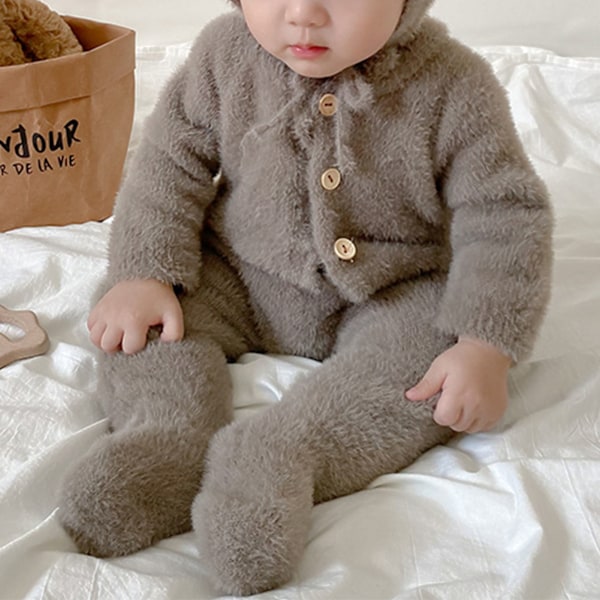 Baby Bear Jumpsuit - Sød og blød varm baby heldragt med hætte til efterår og udendørs brug i grå 80cm / 31.5in