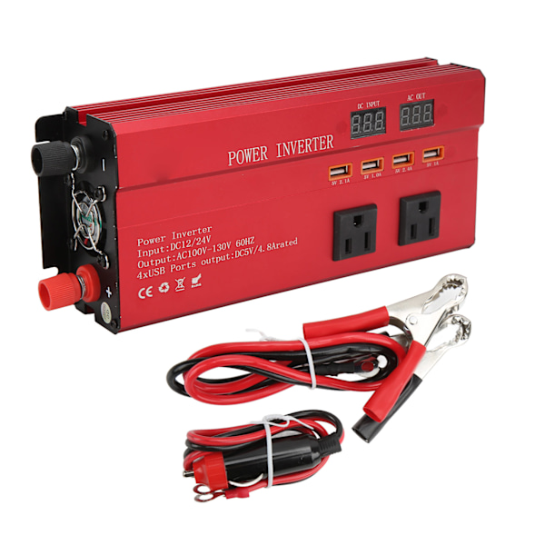 Bilstrømvekselretter 700W, DC 12V/24V til AC 110V-omformer, Modifisert sinusbølge, Dobbel LED-skjerm, 3 US-uttak, 4 USB-porter