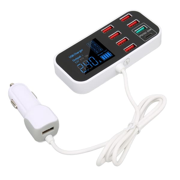 Billadapter med QC 3.0 Hurtiglading - 8 Porter, 40W, LCD-skjerm