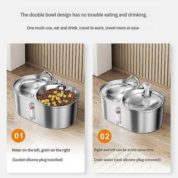 Liter Kattvattenfontän Drickskål Automatisk Husdjursmatare Katt Torrfoderdispenser Rostfritt Stål