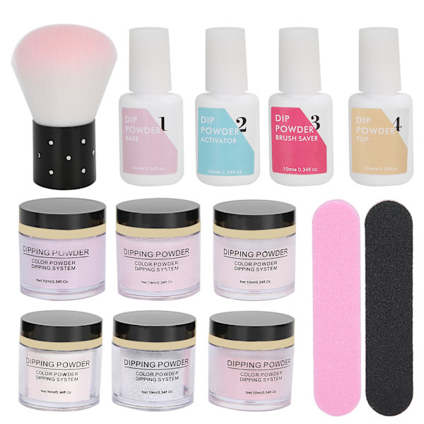 Nagelkonst Dip Powder Set med Topp- och Baslack, Gel Dammborste, Manikyrverktygssats