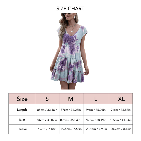 Lilla Tie Dye Gradient Kjole - Elegant Casual Kort Erme for Kvinner