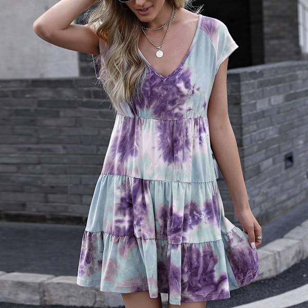Lilla Tie Dye Gradient Kjole - Elegant Casual Kortærmet til Kvinder