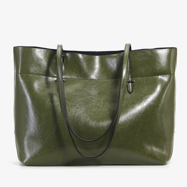 Mørkegrøn voksbehandlet læder Tote Casual skuldertaske 38x28x13 cm Dark green About 38*28*13cm