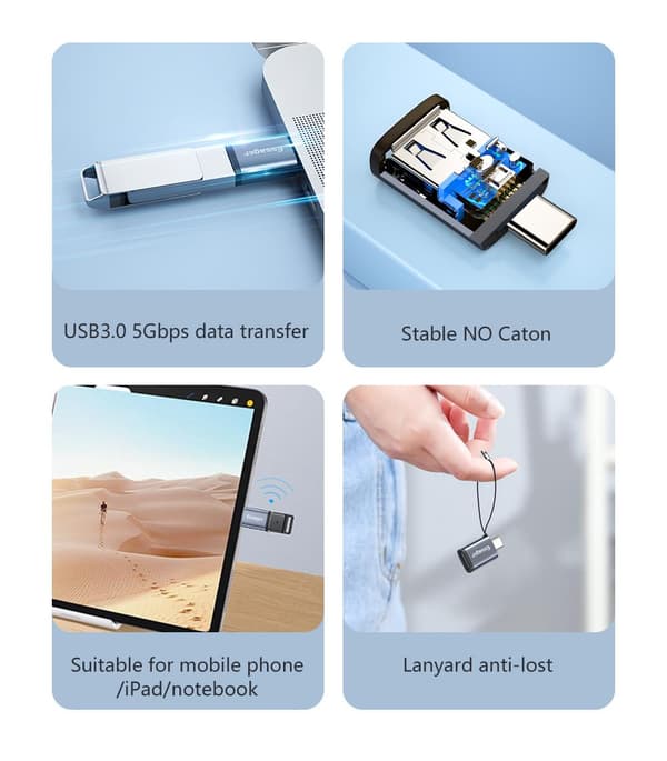 USB hann til USB-C hunn høyhastighets dataoverføring, USB A til USB C Grå[SZ] Grey one size