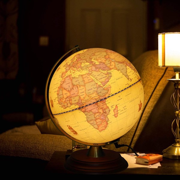 Children's illuminated globe with wooden stand, built-in LED for night vision, antique globe