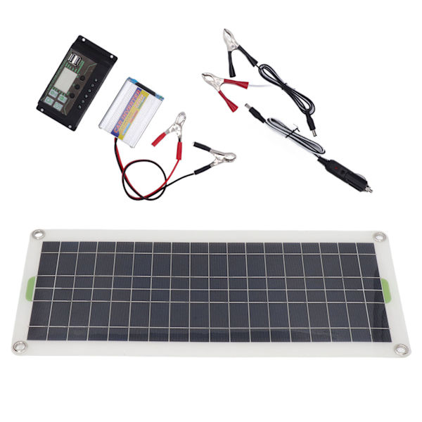 Kannettava aurinkopaneelisarja 12V 30W, 220W invertteriohjain, tehokas polykiteinen pii, 2 USB-porttia matkailuautoon, veneeseen, autoon
