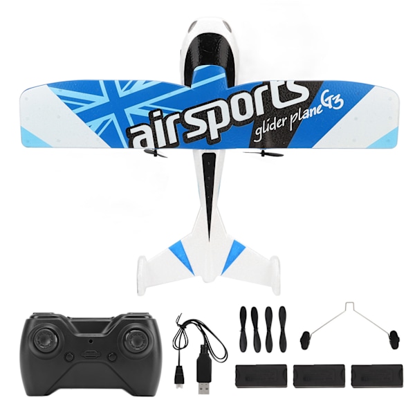 RC Fly 2.4Ghz EPP Plast Fjernstyrt Flyvemaskin Glider med LED Lys for Nybegynnere Voksne Barn Blå Tre Batteri