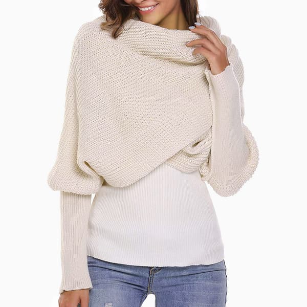 Vintermode Unisex Stickad Koftashawl med Ärmar - Beige