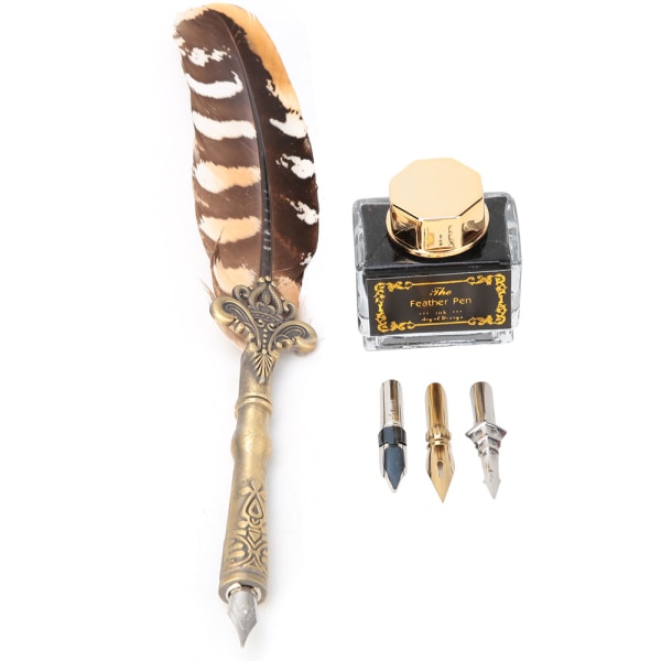 Vintage Feather Pen Set - Reservoarpennor med 3 spetsar och bläckflaska
