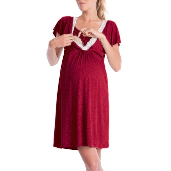 Women Maternity Nursing Dress Fashionable Lace Patchwork Short Sleeves Maternity Summer Dress for Breastfeeding Red L