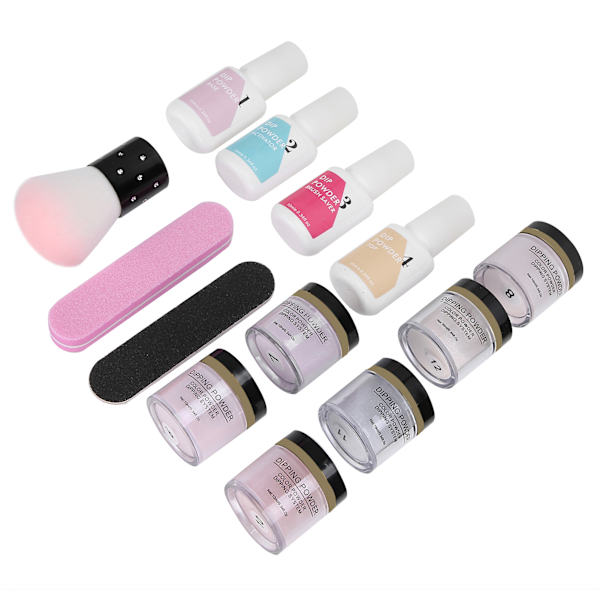 Nagelkonst Dip Powder Set med Topp- och Baslack, Gel Dammborste, Manikyrverktygssats
