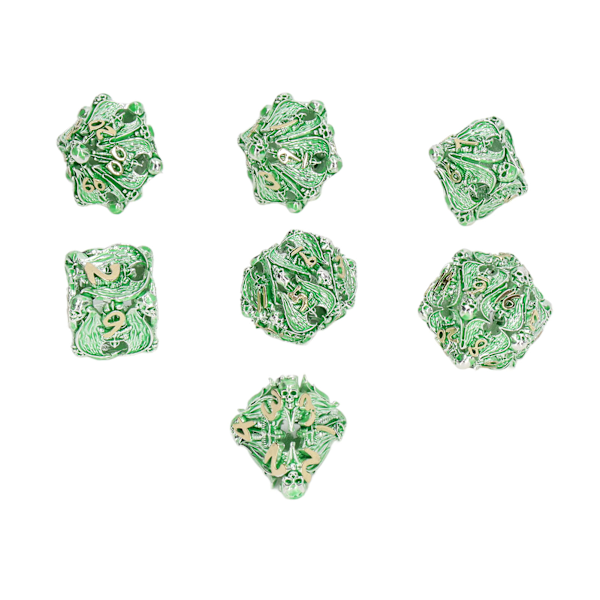 7pcs Hollow Polyhedral Dice Set Holiday Party Skull Pattern Copper Dice Props for Board Card Game Silver Green