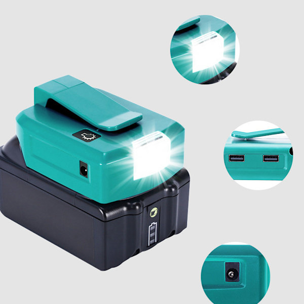 Sopii Makita 14.4V/18V litiumakkuadapterille, jossa kaksois-USB-laturi ja LED-valo