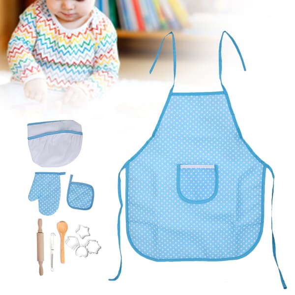 DIY Matlaging Baking Sett for Barn Kjøkken Rollespill Forkle Leker Gave Blå Prikk