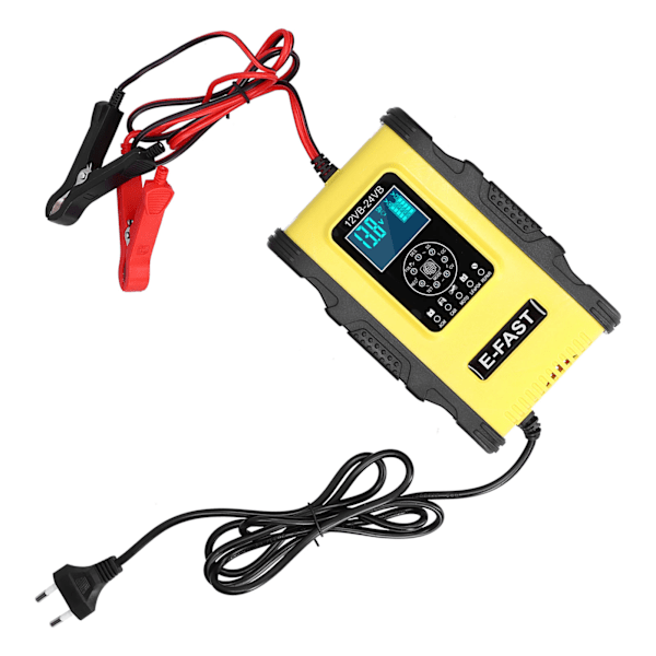 Smart batterilader 12V/12A 24V/6A 7-trinns ladepulsreparasjon for bilbåt - gul/svart, EU-kontakt