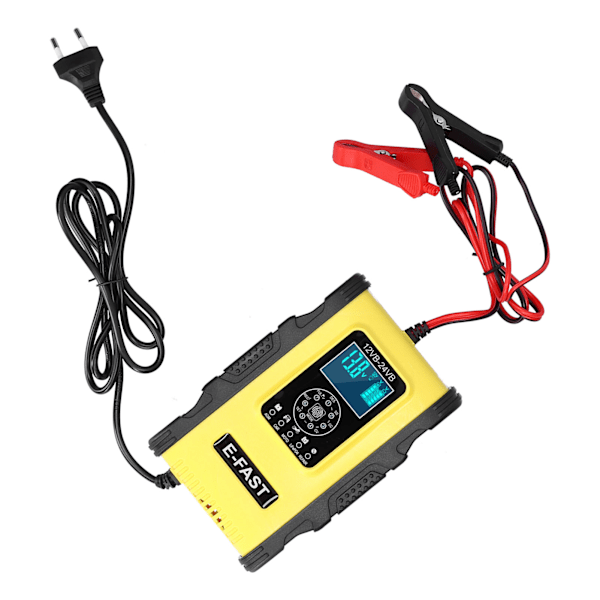 Smart batterilader 12V/12A 24V/6A 7-trinns ladepulsreparasjon for bilbåt - gul/svart, EU-kontakt