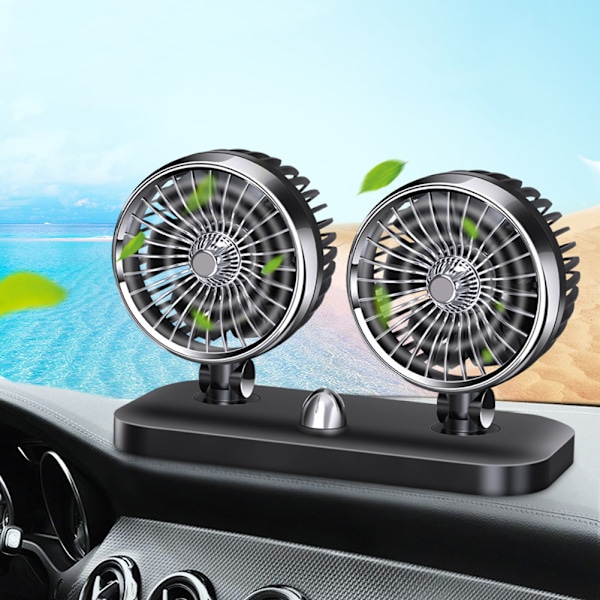 Universal 12V elektrisk bilventilator - dobbelt hoved, 180° roterbart instrumentbrætmontering, automatisk luftkøling