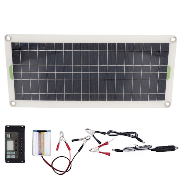 Kannettava aurinkopaneelisarja 12V 30W, 220W invertteriohjain, tehokas polykiteinen pii, 2 USB-porttia matkailuautoon, veneeseen, autoon