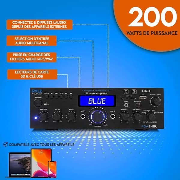 Pyle Bluetooth-forsterker 200W multi-kanal – HDMI, USB/SD, FM, mikrofon, fjernkontroll