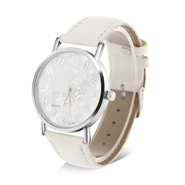 Moderigtigt PU læderrem Quartz Analog armbåndsur til kvinder Hvid 0.1