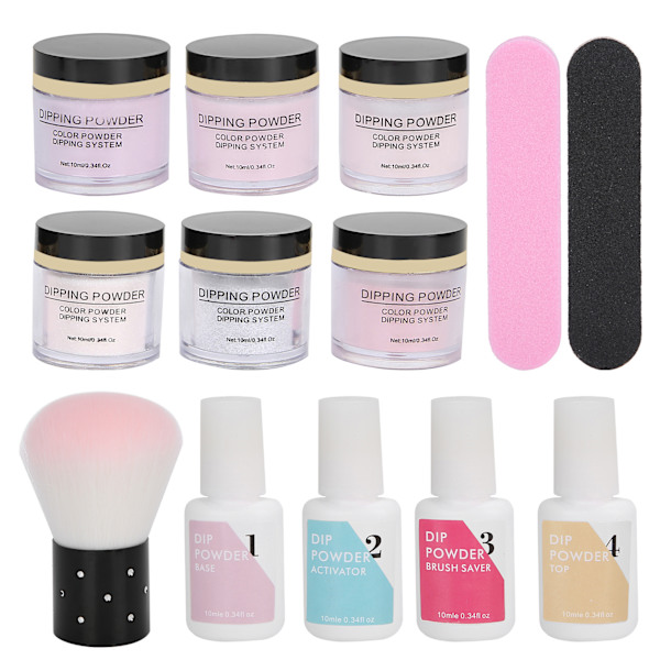 Nagelkonst Dip Powder Set med Topp- och Baslack, Gel Dammborste, Manikyrverktygssats