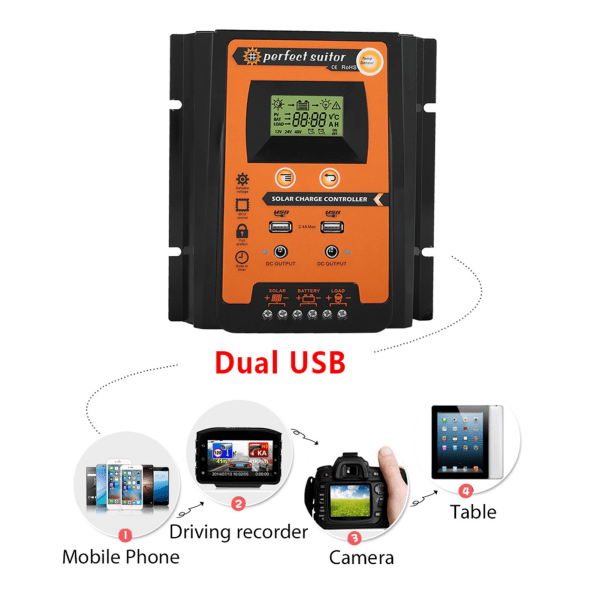 Solar Charge Controller 12V/24V 50A - PWM&MPPT, Dual USB, LCD-skærm