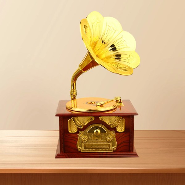 Retro-grammofoni-musiikkilaatikko Klassinen gramofonimuotoinen musiikkilaatikko kodin työpöydän musiikilliseen koristeluun Ruskea