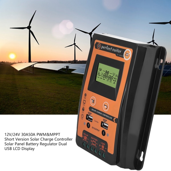 Solar Charge Controller 12V/24V 50A - PWM&MPPT, Dual USB, LCD-skærm