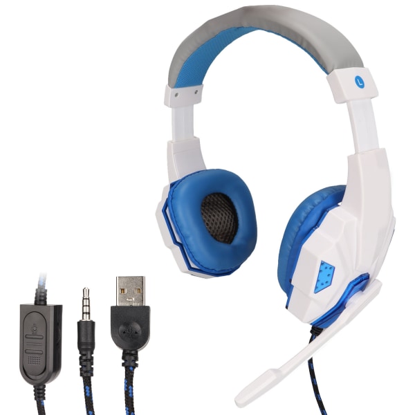 SOYTO SY830MV Game Headsets Justerbar lydstyrke Support Mic Mute USB Headsets med 3,5 mm mikrofon til PS4 PC Laptop (Blå hvid)