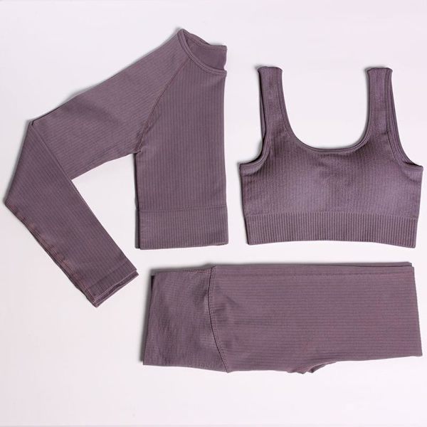 Yoga Set Dam Gym Kläder Kvinnlig Hög Midja Yoga Byxor Träningsdräkt Dam Fitness Kläder 3 Pcs Set Violet M