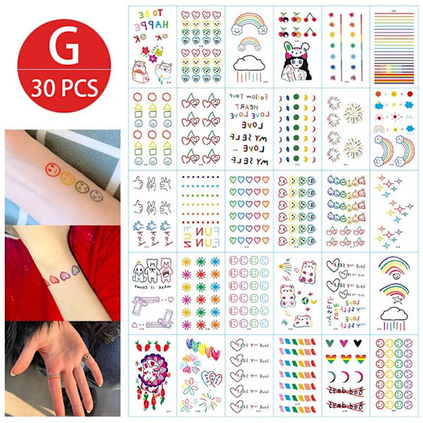 Midlertidige tatoveringsklistremerker for jenter, vanntette, langvarige, falske tatoveringsklistremerker, lyse, søte tatoveringer på kropp, ansikt, barn B 30pcs