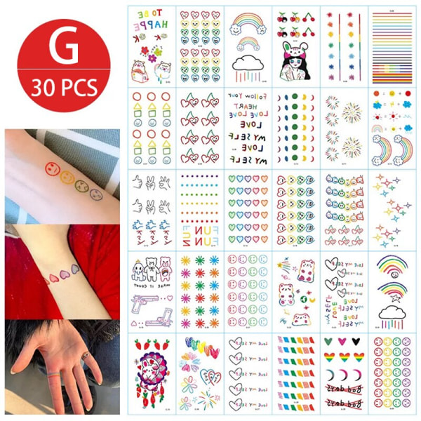 Midlertidige tatoveringsklistremerker for jenter, vanntette, langvarige, falske tatoveringsklistremerker, lyse, søte tatoveringer på kropp, ansikt, barn M 30pcs