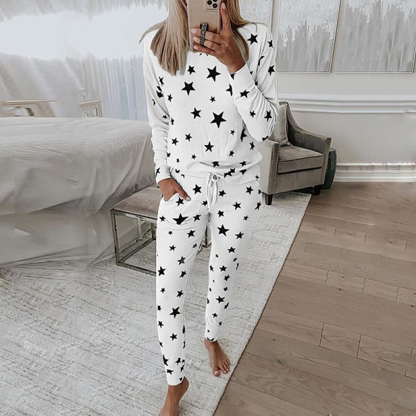 Fashion Stjärnmönster Långärmad Topp Byxor Dam Hem Sovkläder Pyjamas Set White S