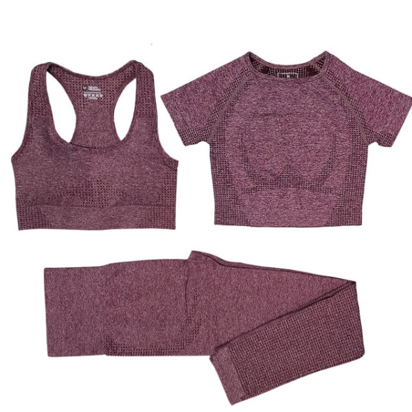 Yoga Sæt Trænings T-shirts Sportsbukser BH Gym Tøj Shorts Til Kvinder 3pcs WineRed S