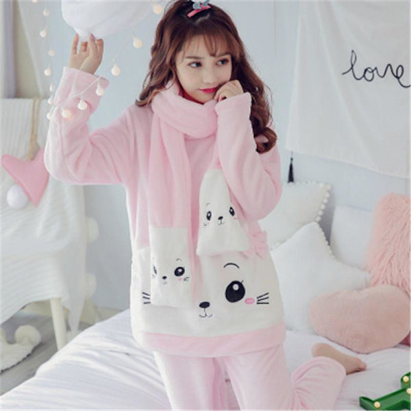 Höst- och vinterkorallfleece pyjamas dam plus sammet varm långärmad flanellkostym studenter Pink M
