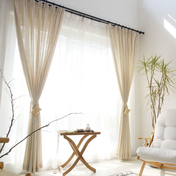Modern Japansk Stil Fönstergardin för Vardagsrum Sovrum Bomull Linne Gardiner Anpassad Glesväv Halvskuggande Ramie Draperier Brown W100xH200cm 1pc