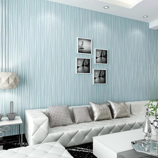 53X910cm Moderne Ikke-Vævet Tapetrulle Glitter Stribe Tekstureret Flocking Stribede Vægbelægninger Til Soveværelse Stue FAN0424 Blå Blue