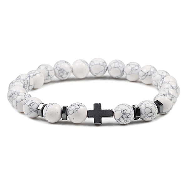 Rukous Miehet Luonnonkivi Puuhelmet Ruusukko Hematiitti Risti Rannekorut Onyx Meditaatio Rannekoru Naiset Jooga Korut Homme Pulsera White turquoise 19cm